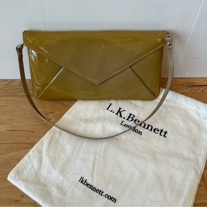 L.K. Bennett Leola Patent Leather Envelope Bag Taupe Dust Bag British Luxury